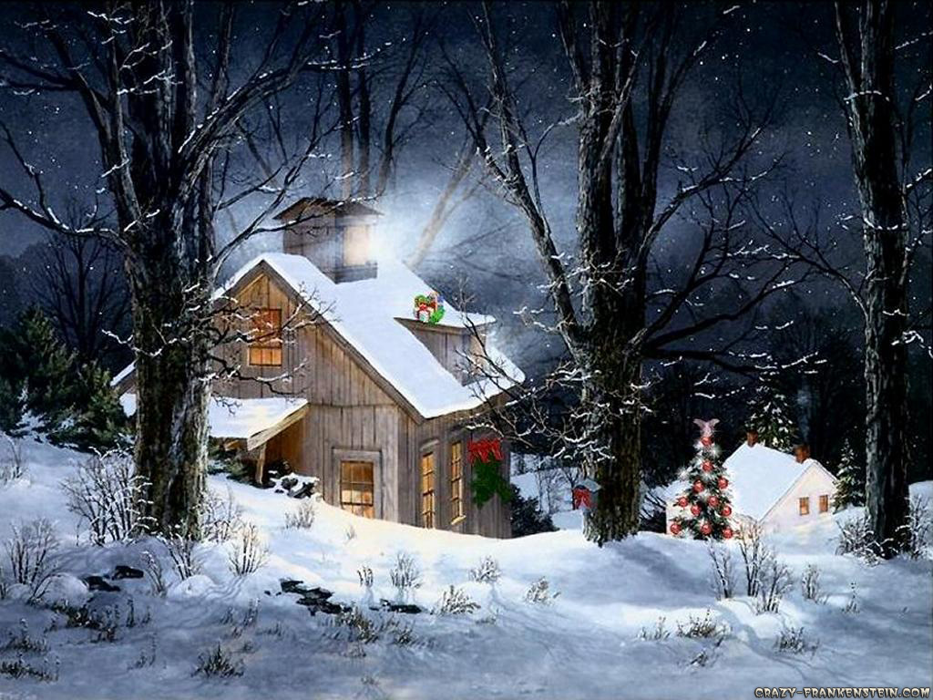 Tapetki świąteczne - snowy-cabin-christmas-scene.jpg